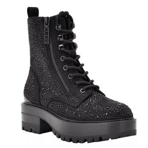 Guess Women's Fearnea Platform Black Jeweled Embellished Combat Booties 8M